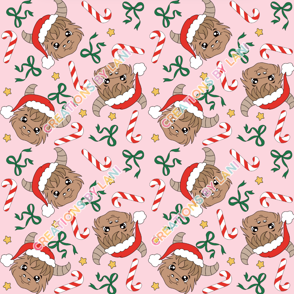 Seamless digital download - Christmas highland cow pink