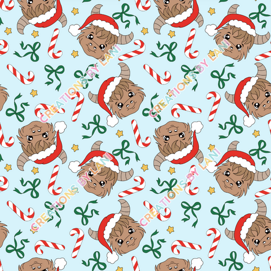 Seamless digital download - Christmas highland cow blue